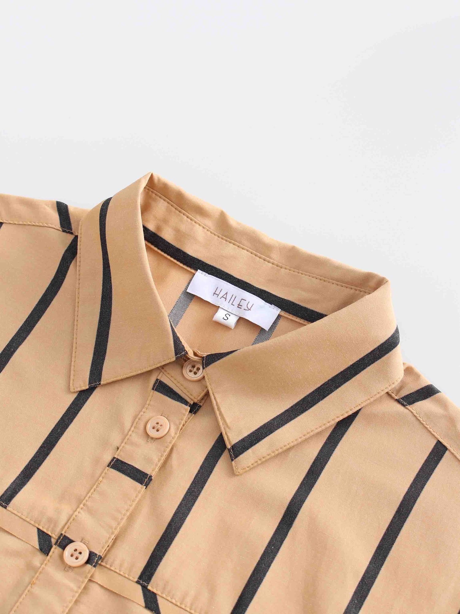 Rounded Hem Button Down Shirt-Tan/Black