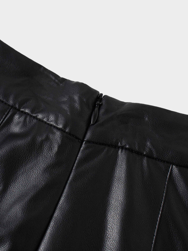 Faux Leather Stitch Down Pleated Skirt-Black