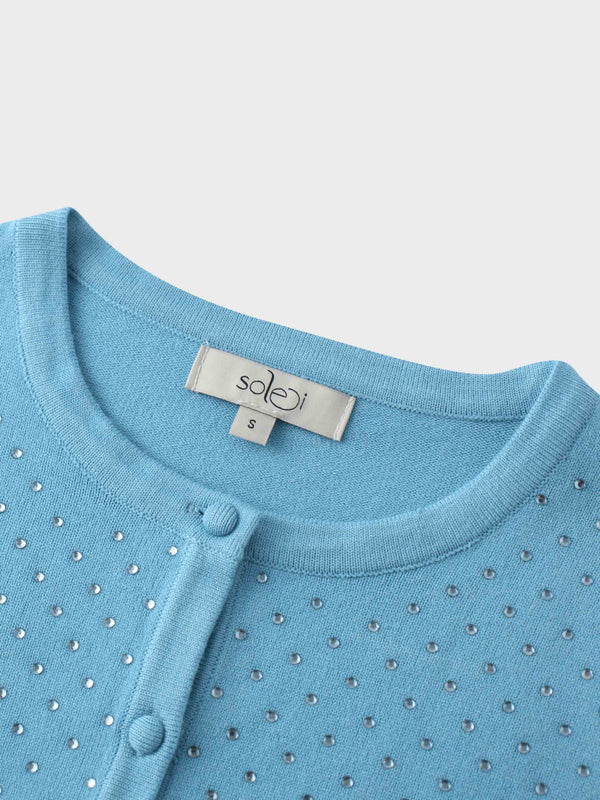 Stone Embellished Crew Cardigan-Sky Blue