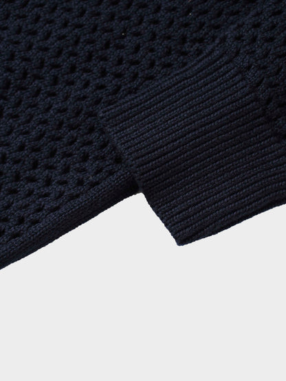 Crochet Knit Button Down Cardigan-Navy