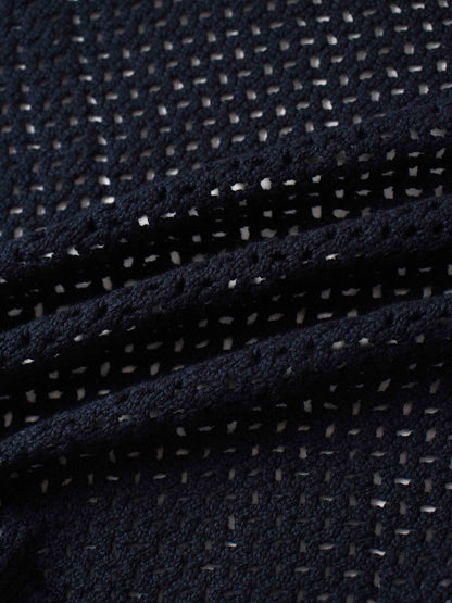Crochet Knit Button Down Cardigan-Navy