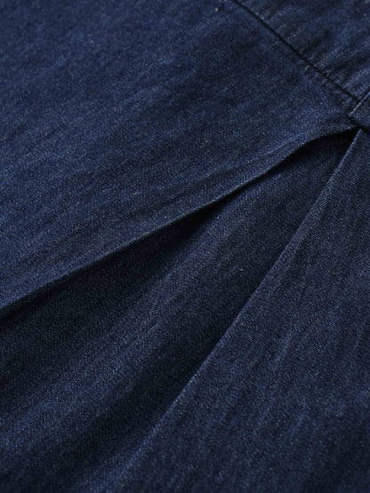 Side Inverted Pleat Denim Skirt-Dark Blue