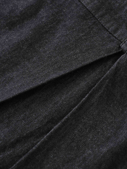 Side Inverted Pleat Denim Skirt-Black