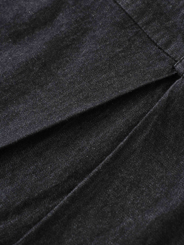 Side Inverted Pleat Denim Skirt-Black