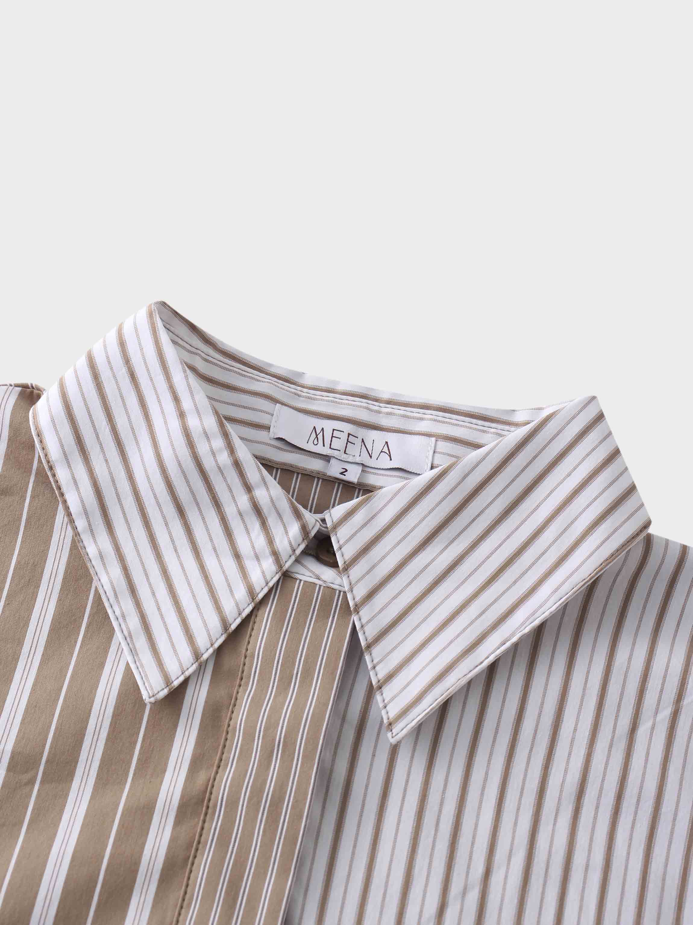 Mixed Pinstripe Belted Shirtdress-Tan