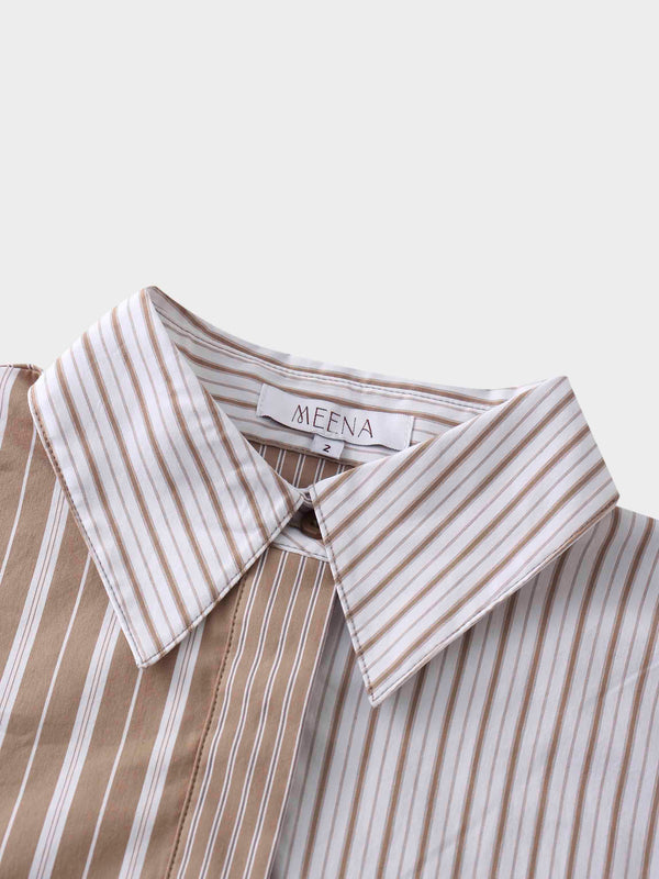 Mixed Pinstripe Belted Shirtdress-Tan