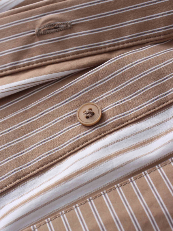 Mixed Pinstripe Belted Shirtdress-Tan