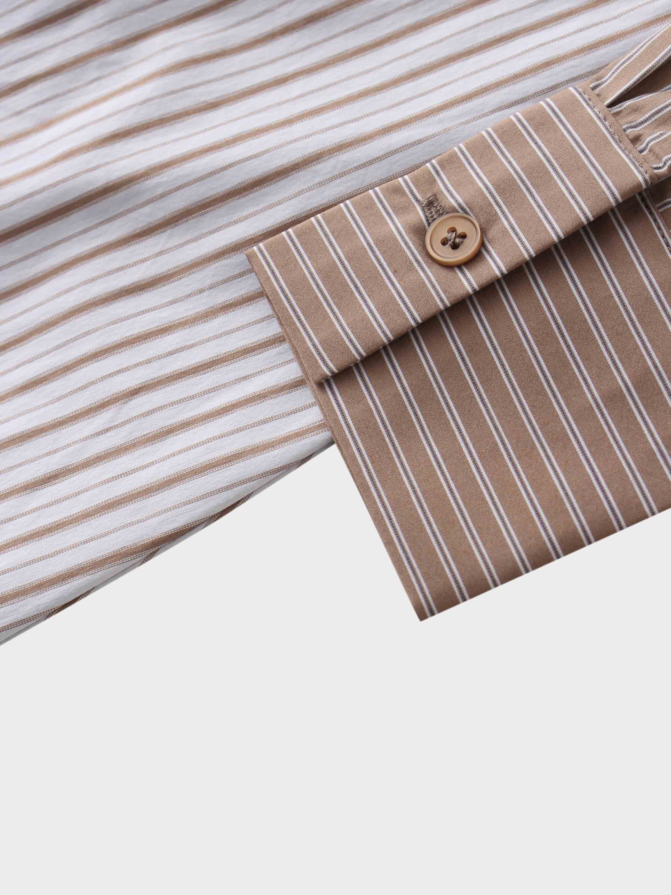 Mixed Pinstripe Belted Shirtdress-Tan