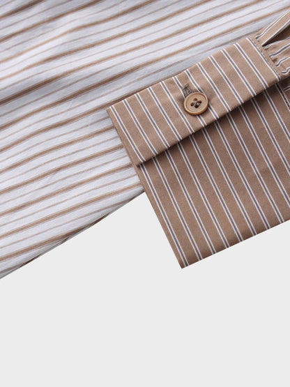 Mixed Pinstripe Belted Shirtdress-Tan
