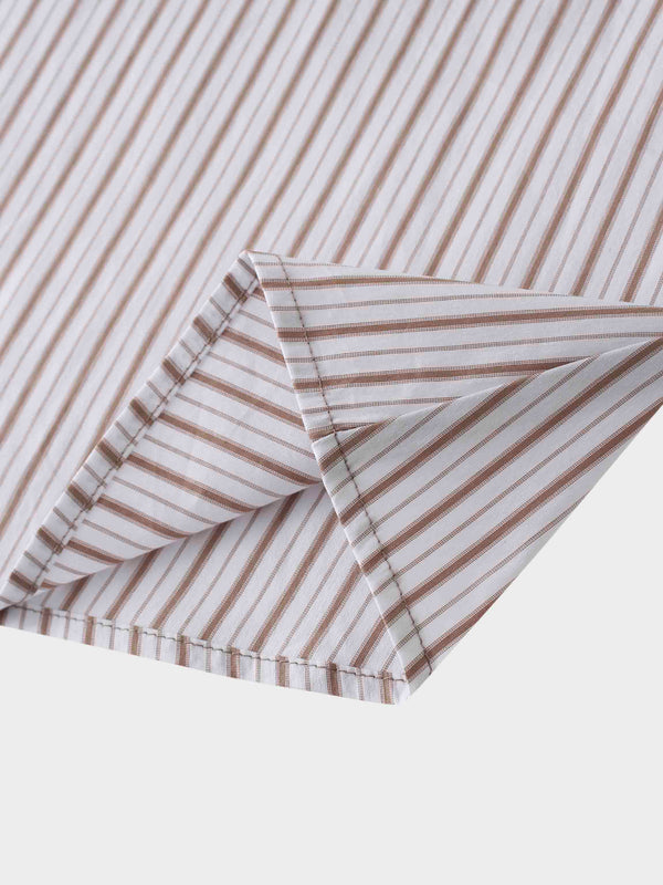 Mixed Pinstripe Belted Shirtdress-Tan