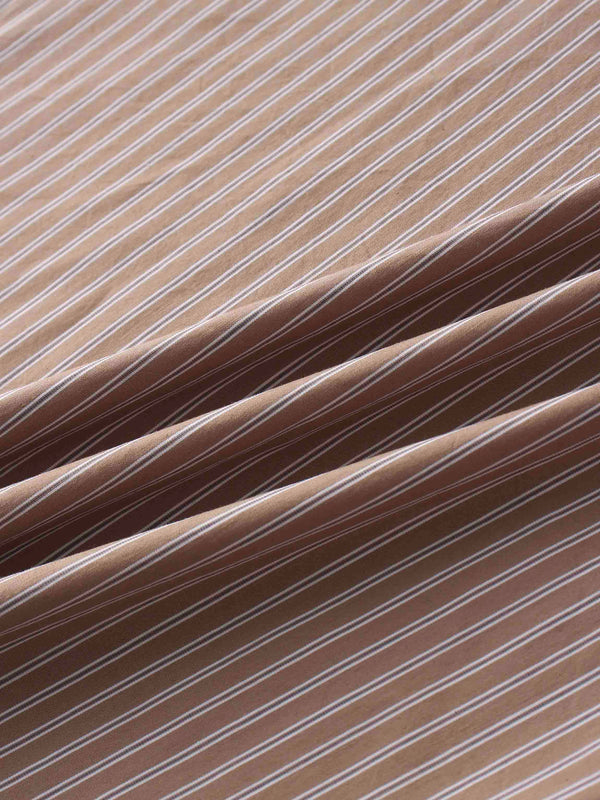 Mixed Pinstripe Belted Shirtdress-Tan