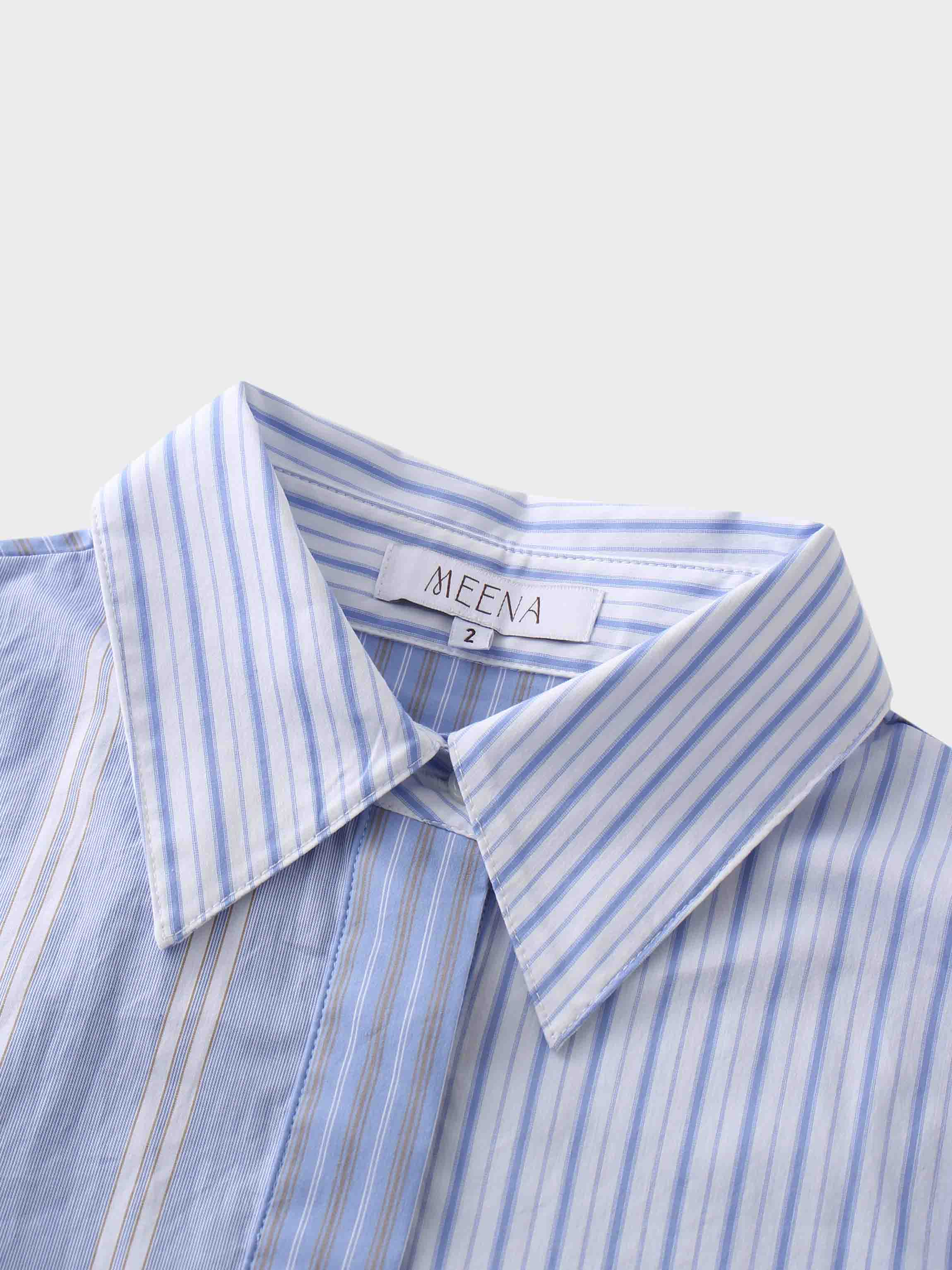 Mixed Pinstripe Belted Shirtdress-Blue