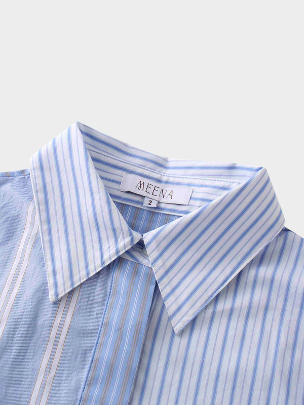 Mixed Pinstripe Belted Shirtdress-Blue