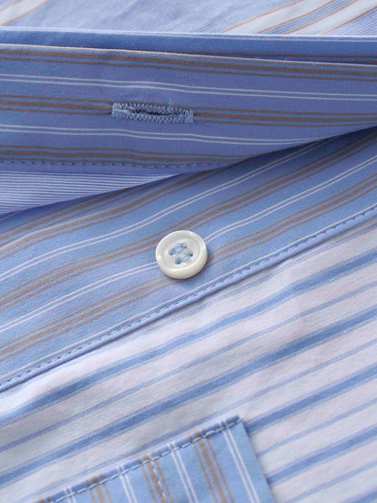 Mixed Pinstripe Belted Shirtdress-Blue