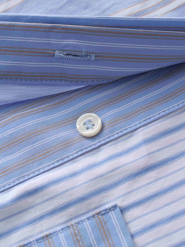 Mixed Pinstripe Belted Shirtdress-Blue