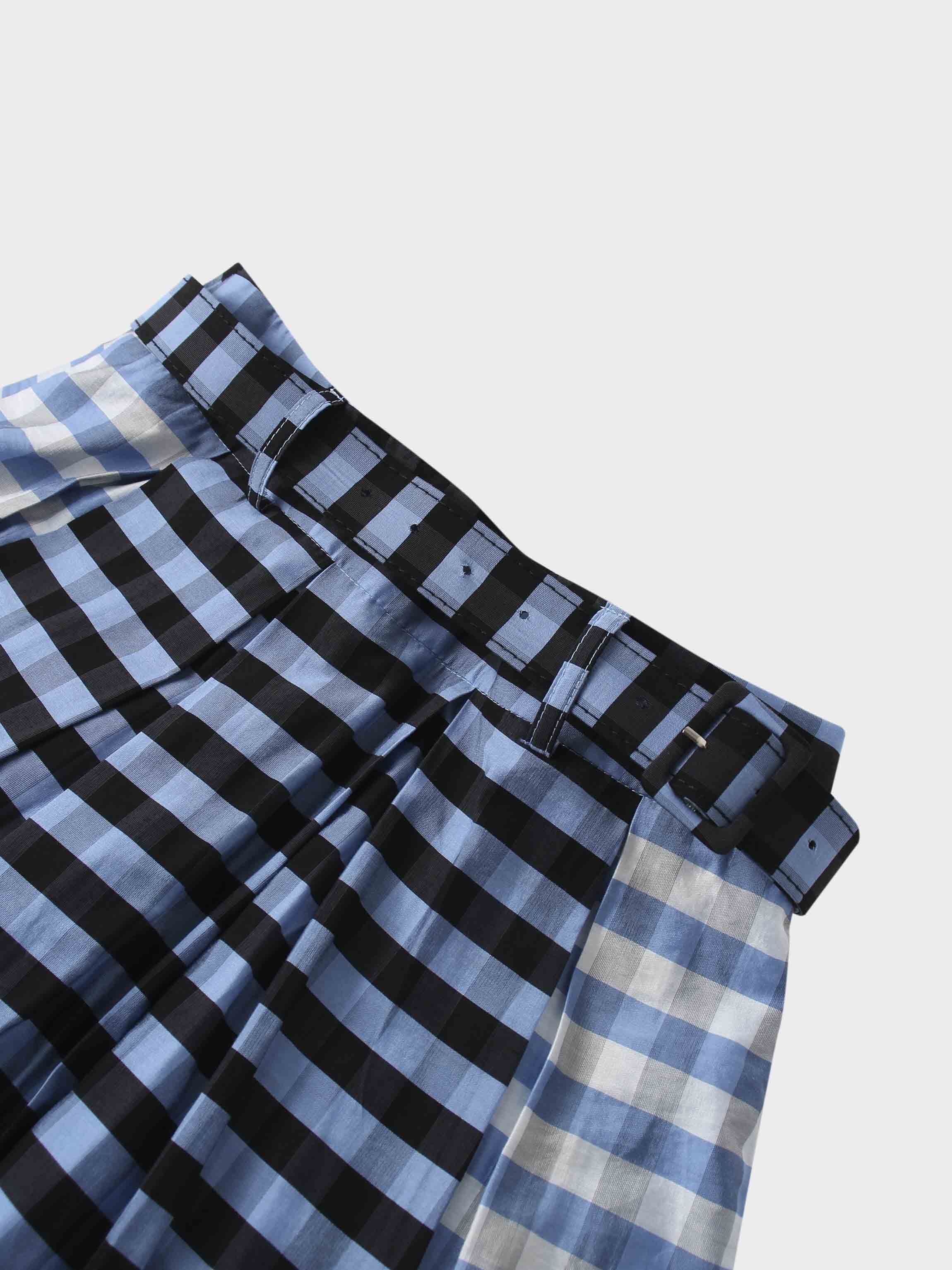 Gingham Two Color Box Pleat Skirt-Blue