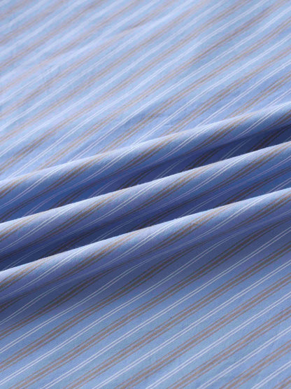 Mixed Pinstripe Belted Shirtdress-Blue