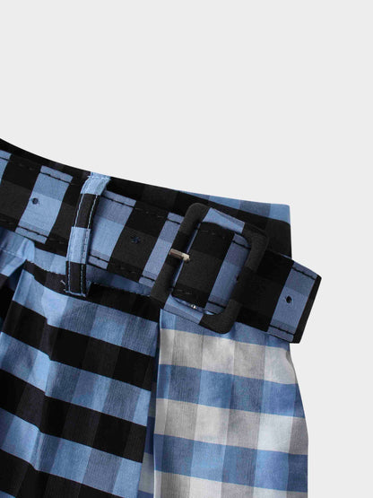 Gingham Two Color Box Pleat Skirt-Blue