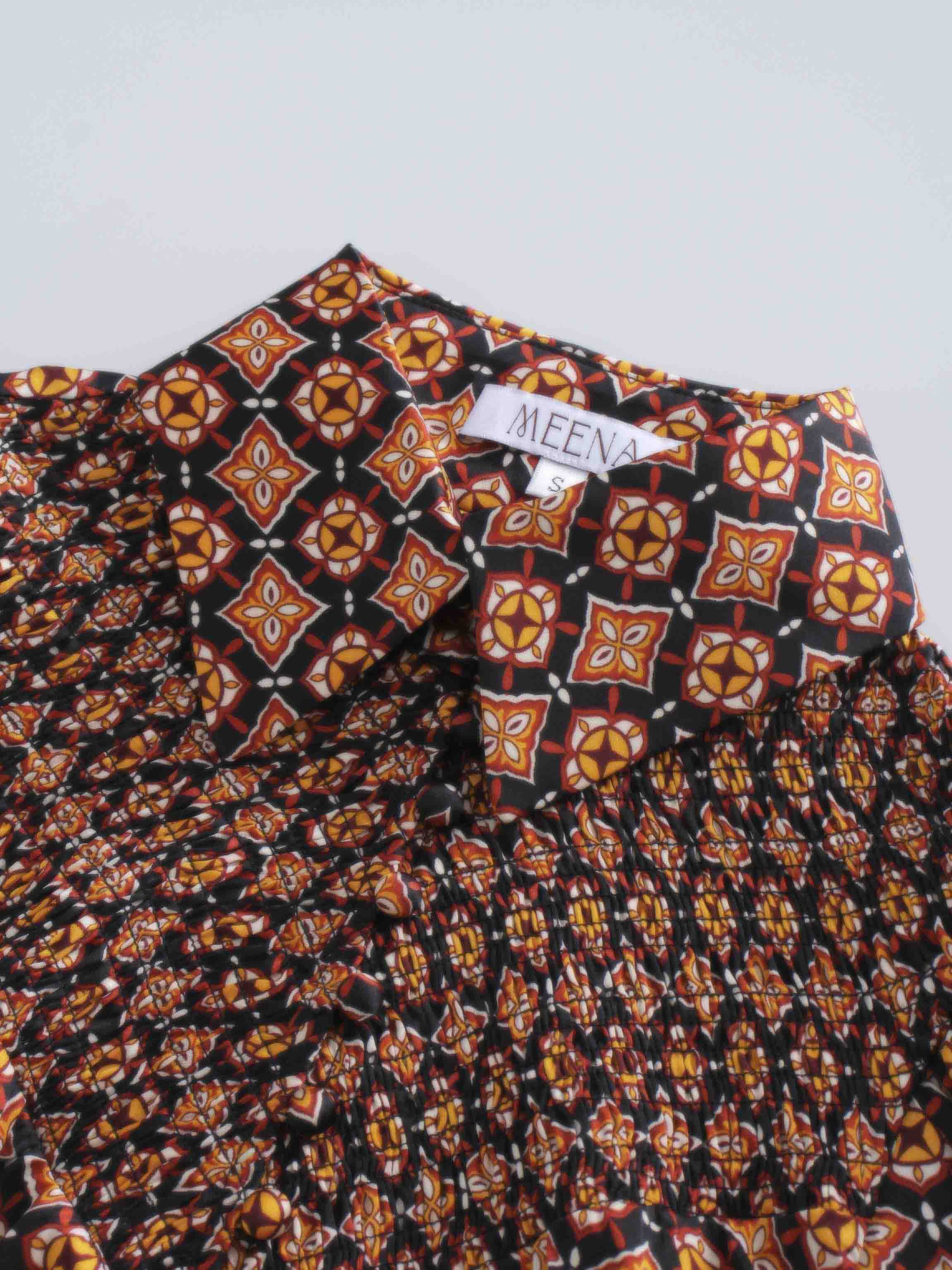 SMOCKED BLOUSE-GEOMETRIC MEDALLION BROWN