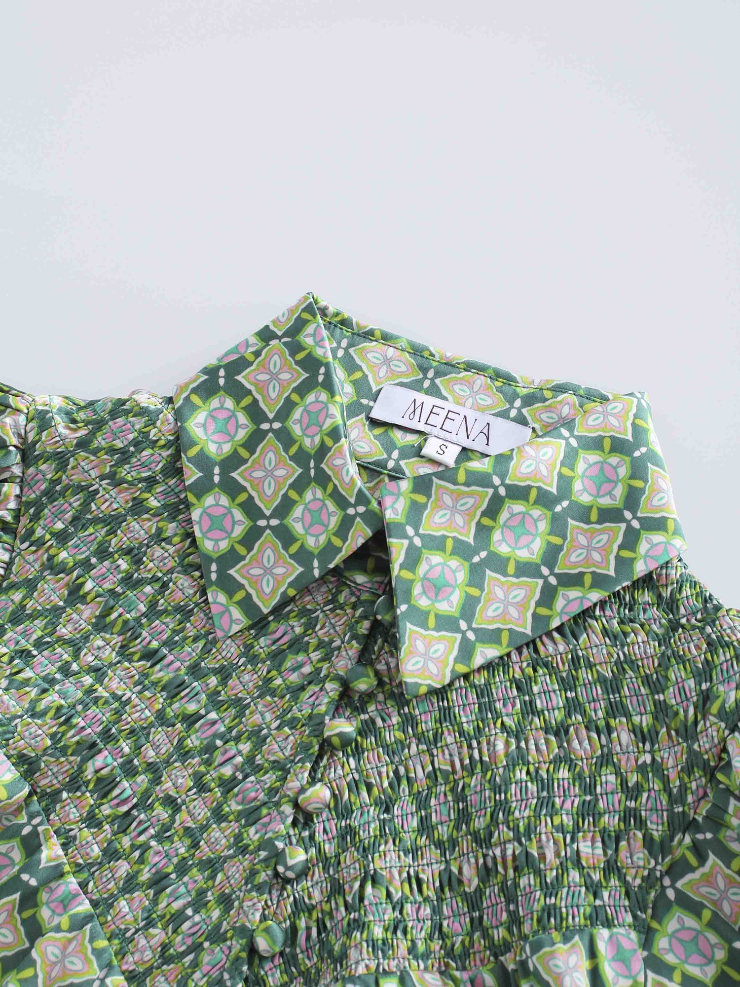 SMOCKED BLOUSE-GEOMETRIC MEDALLION GREEN