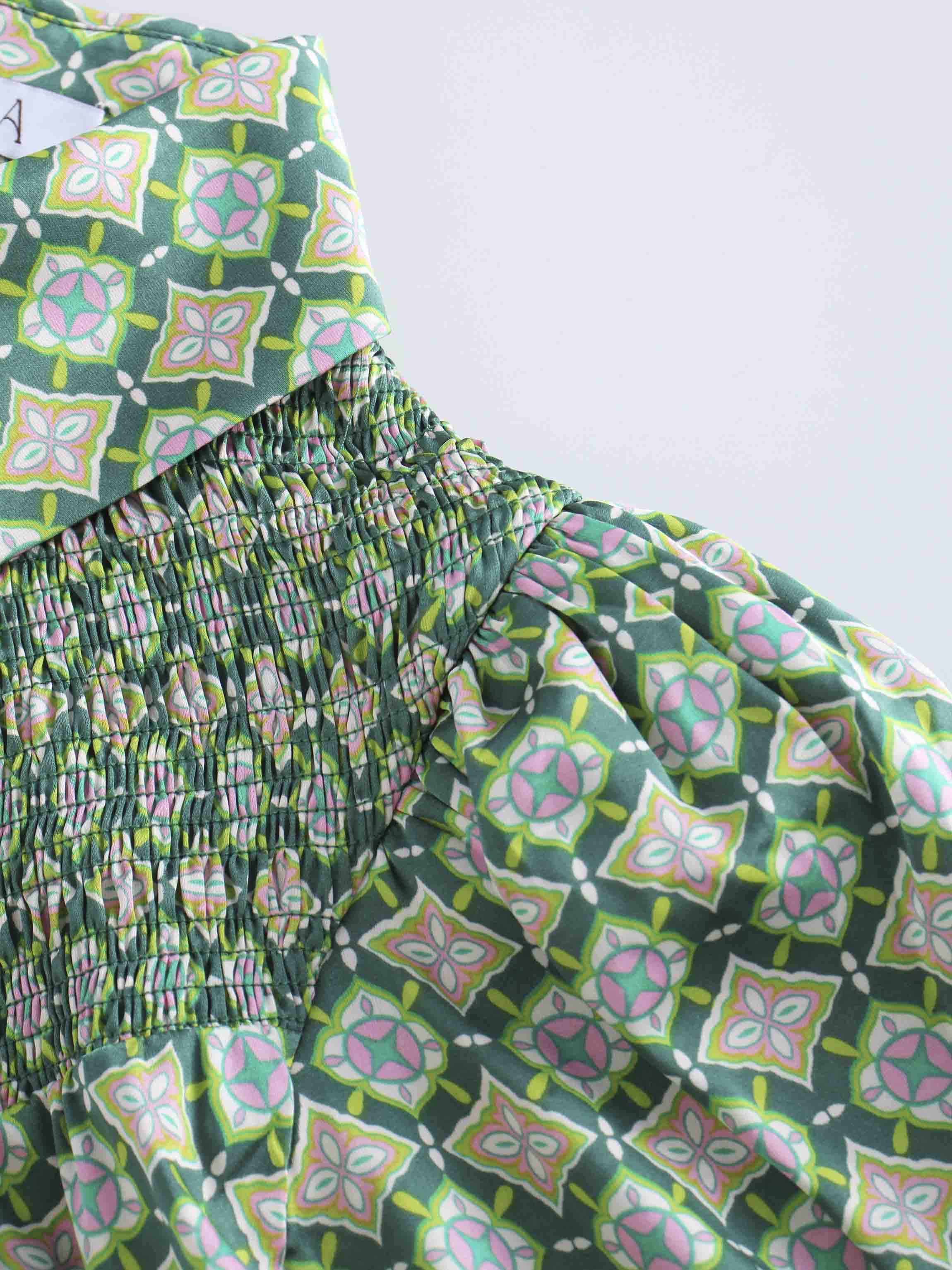 SMOCKED BLOUSE-GEOMETRIC MEDALLION GREEN