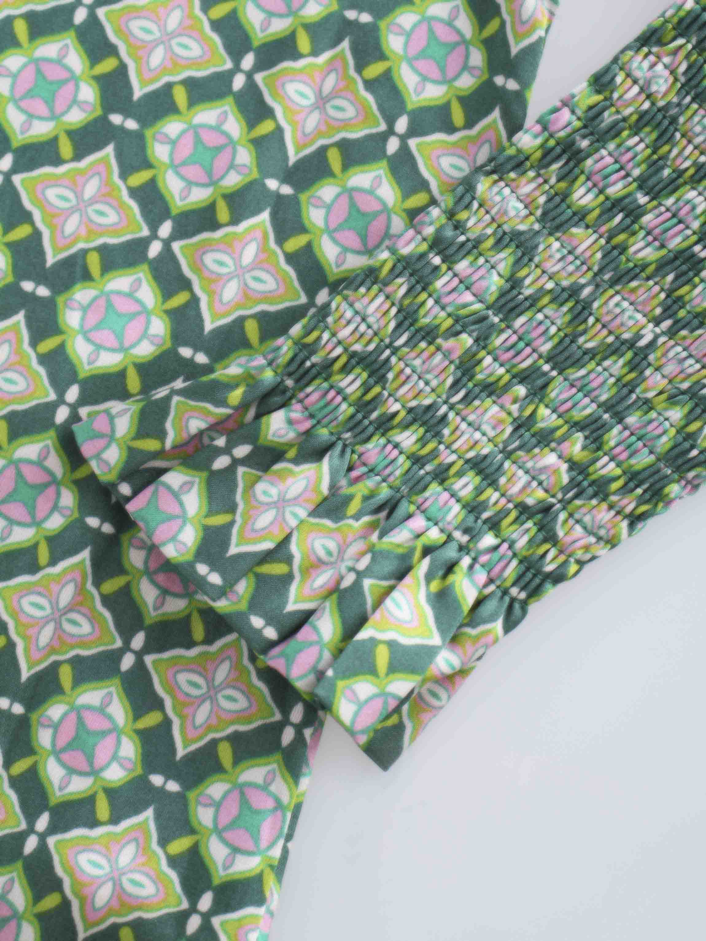 SMOCKED BLOUSE-GEOMETRIC MEDALLION GREEN