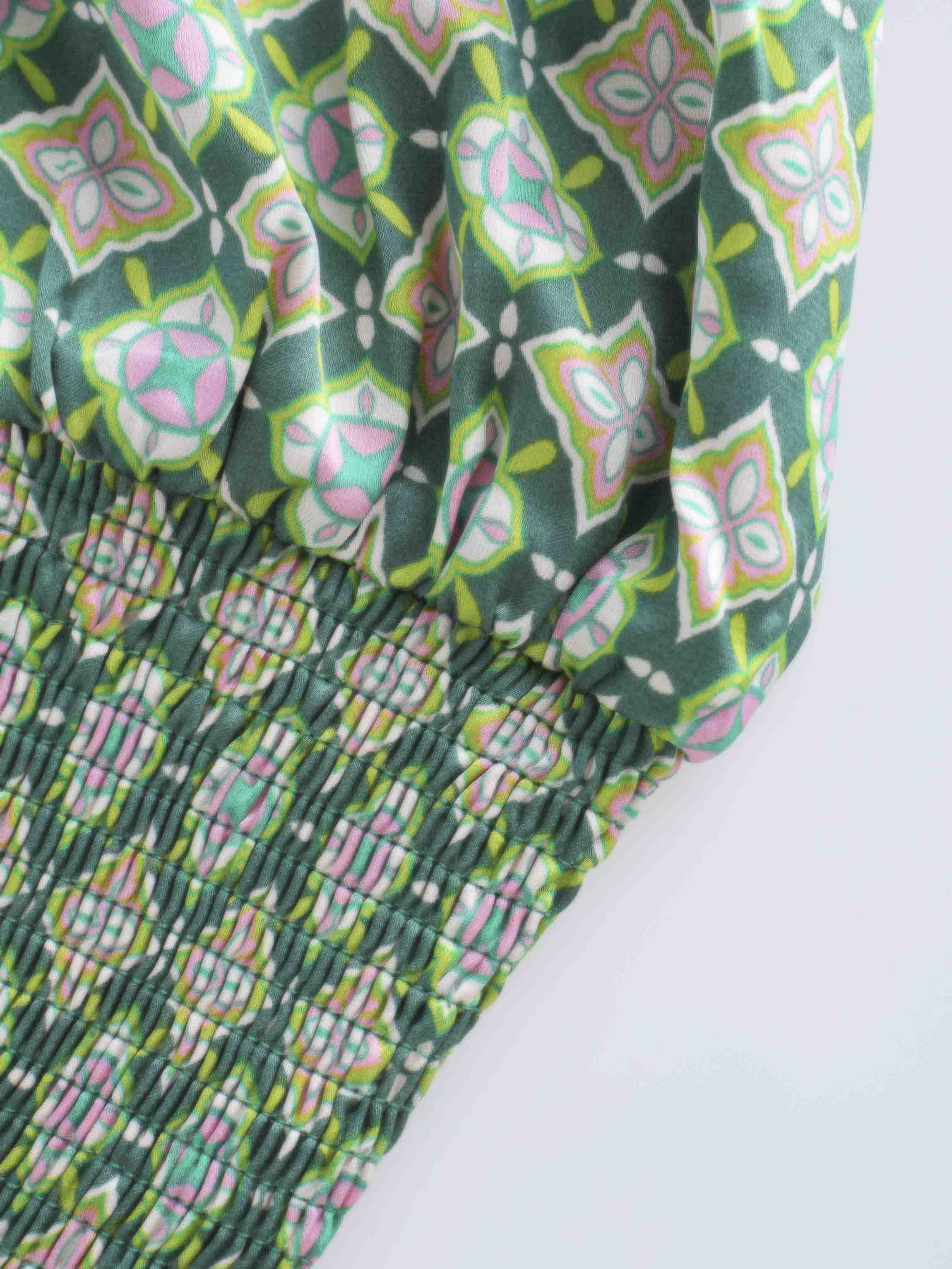 SMOCKED BLOUSE-GEOMETRIC MEDALLION GREEN