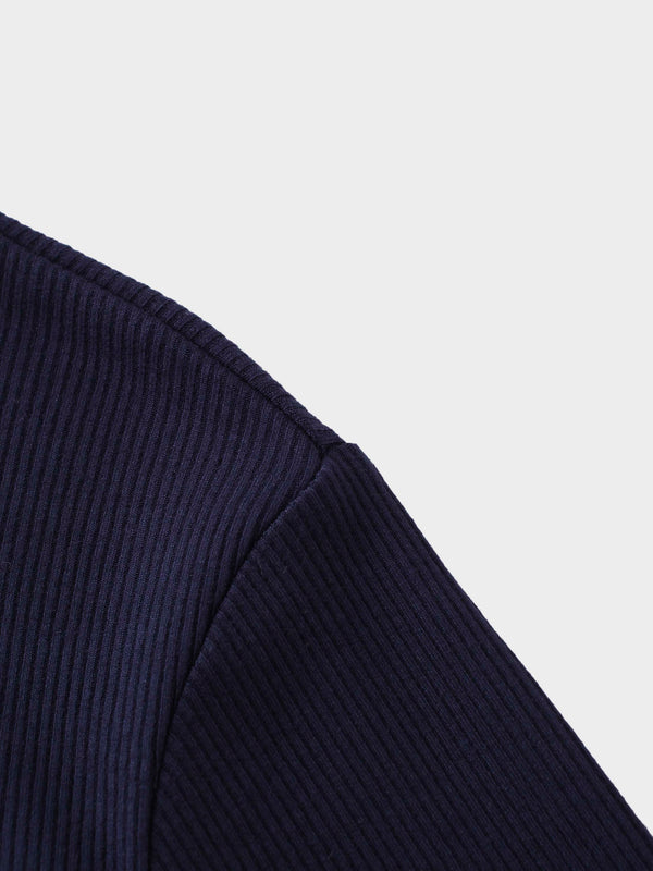 Rounded Hem Ribbed T-Shirt-Navy