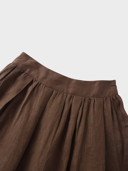 Gathered Waist Linen Skirt-Brown