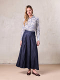 Inverted Yoke Pleat Denim Skirt-Dark Blue