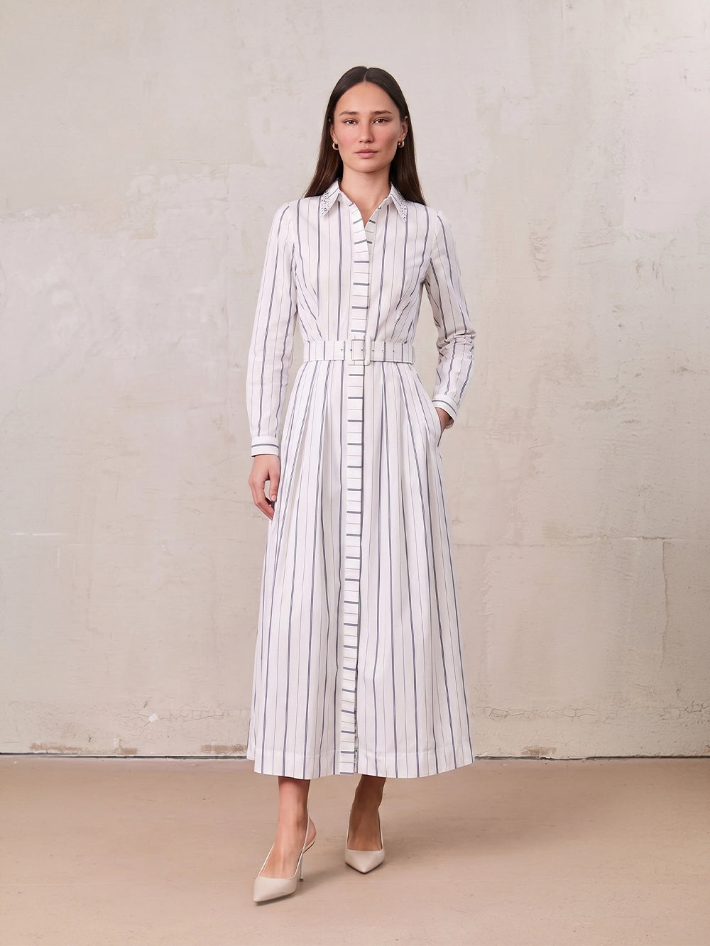 Jeweled Collar Belted Shirtdress-White Pinstripe