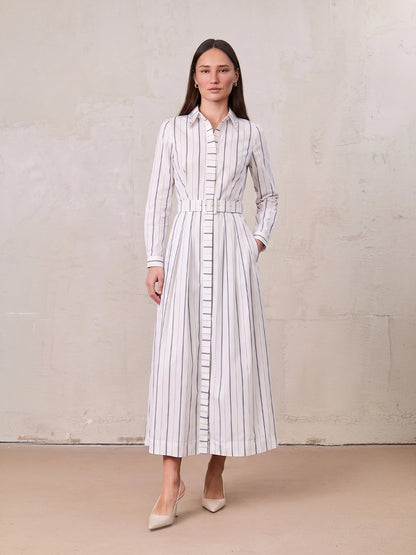 Jeweled Collar Belted Shirtdress-White Pinstripe