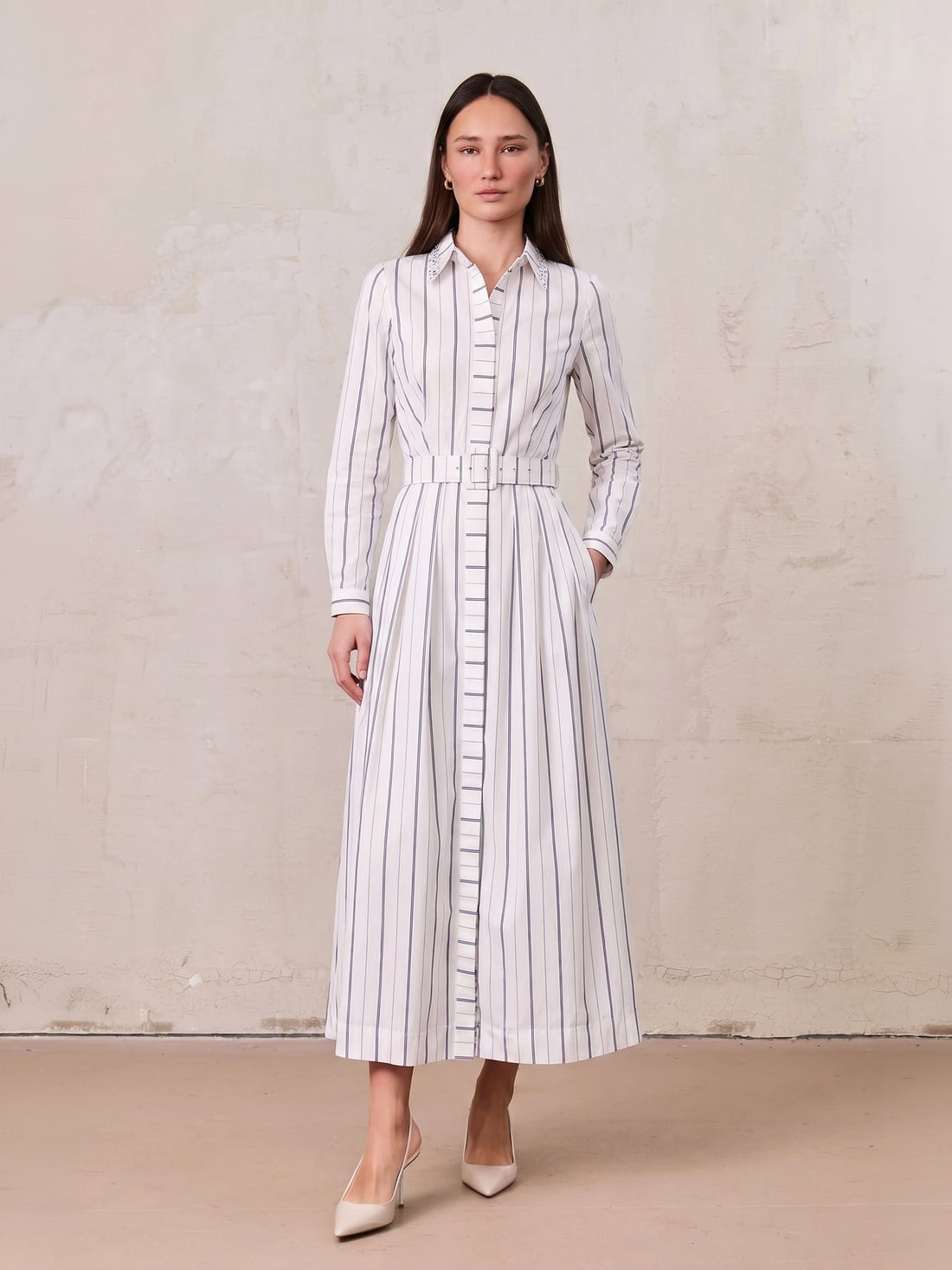 Jeweled Collar Belted Shirtdress-White Pinstripe