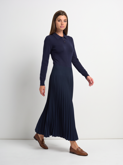 Knit Polo Top Pleat Dress - Solid Navy