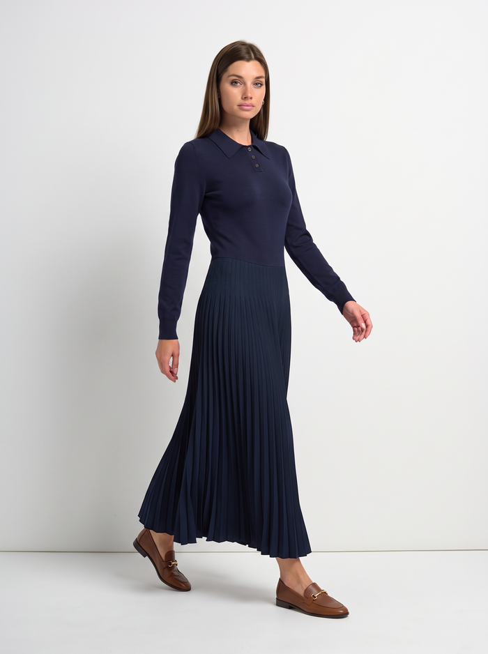 Knit Polo Top Pleat Dress - Solid Navy