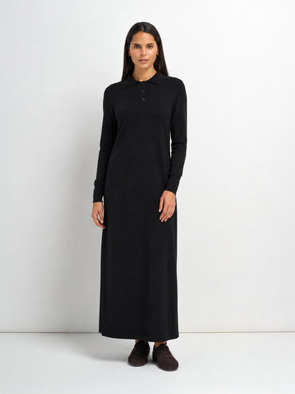 Knit Maxi Polo Dress - Black