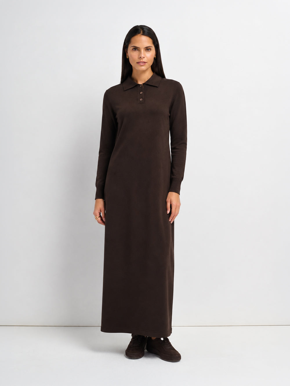 Knit Maxi Polo Dress - Brown