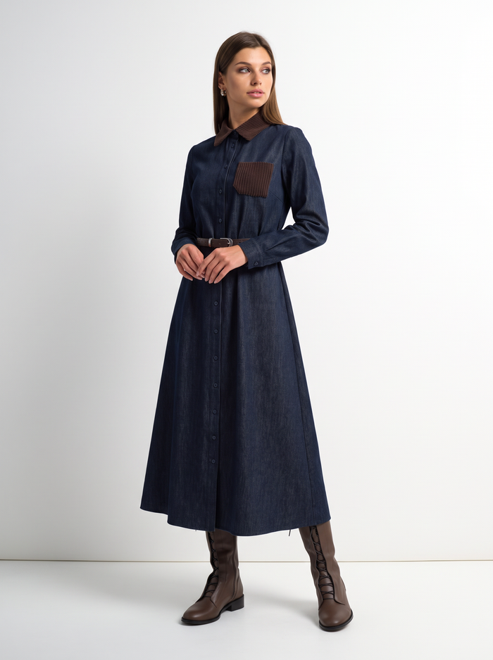 Knit Pocket Denim Dress - Blue