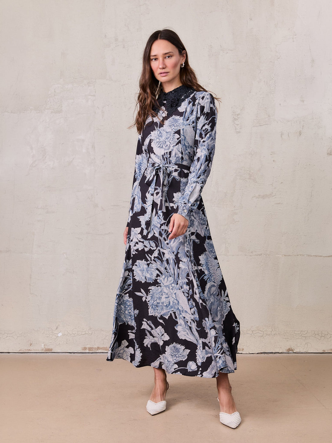 Lace Collar Princess A-Line Dress-Blue Floral