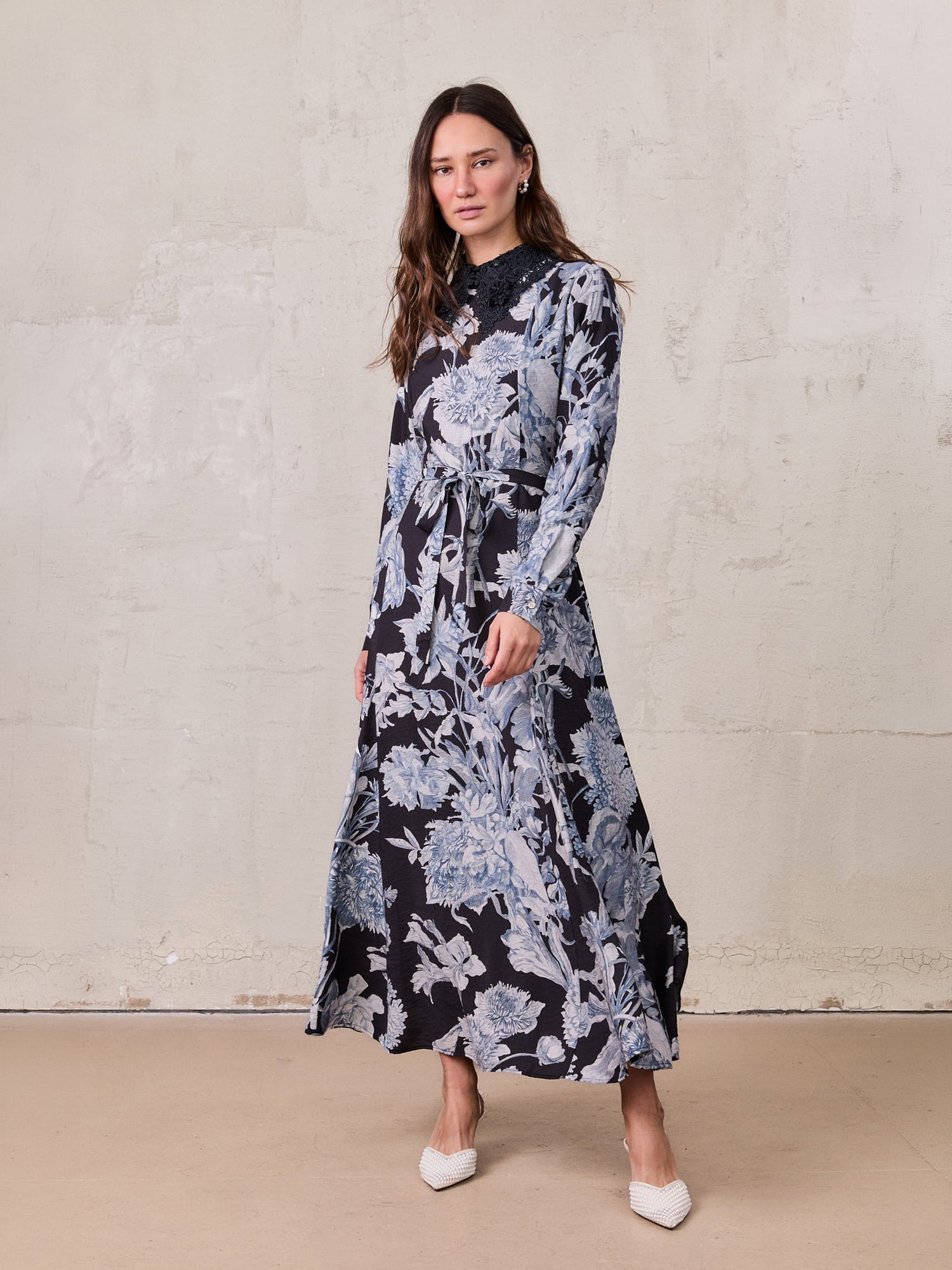 Lace Collar Princess A-Line Dress-Blue Floral