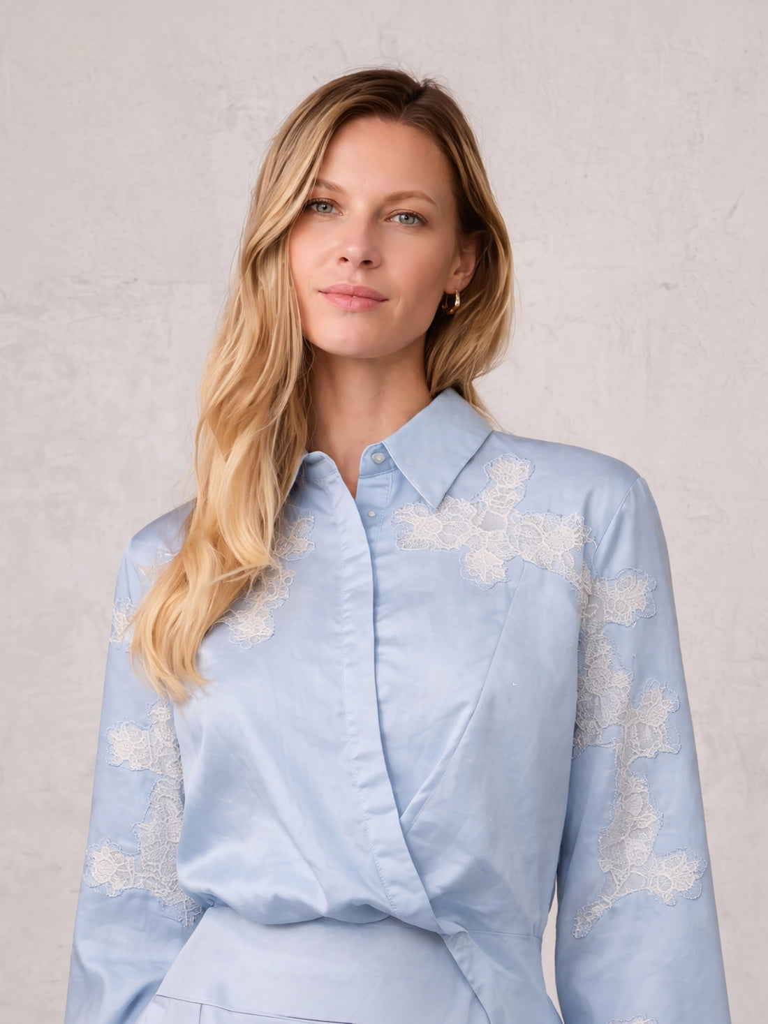Lace Cutout Cotton Crossover Top-Light Blue
