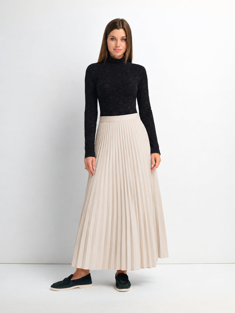 Accordion Pleated Faux Leather Skirt-Ivory