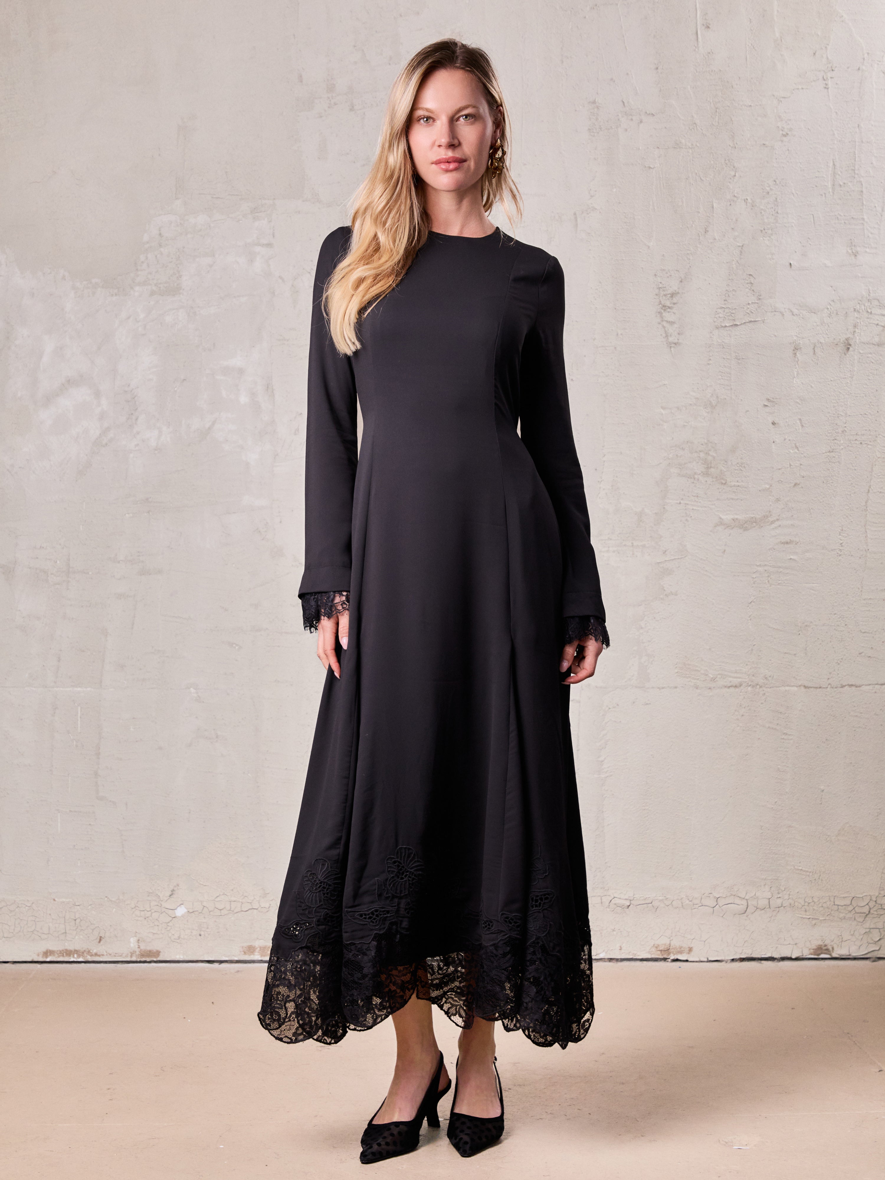 Lace Trim Crepe Dress-Black
