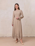 Lace Trim Crepe Dress-Sand