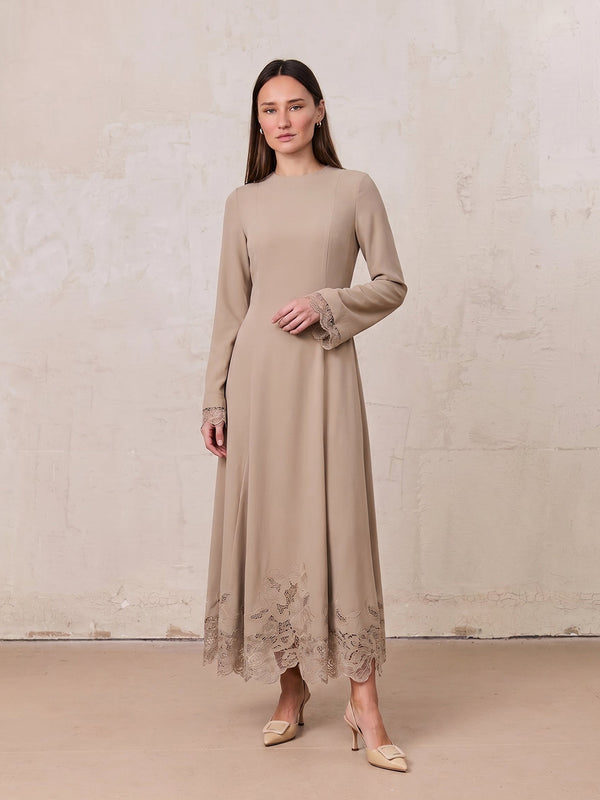 Lace Trim Crepe Dress-Sand