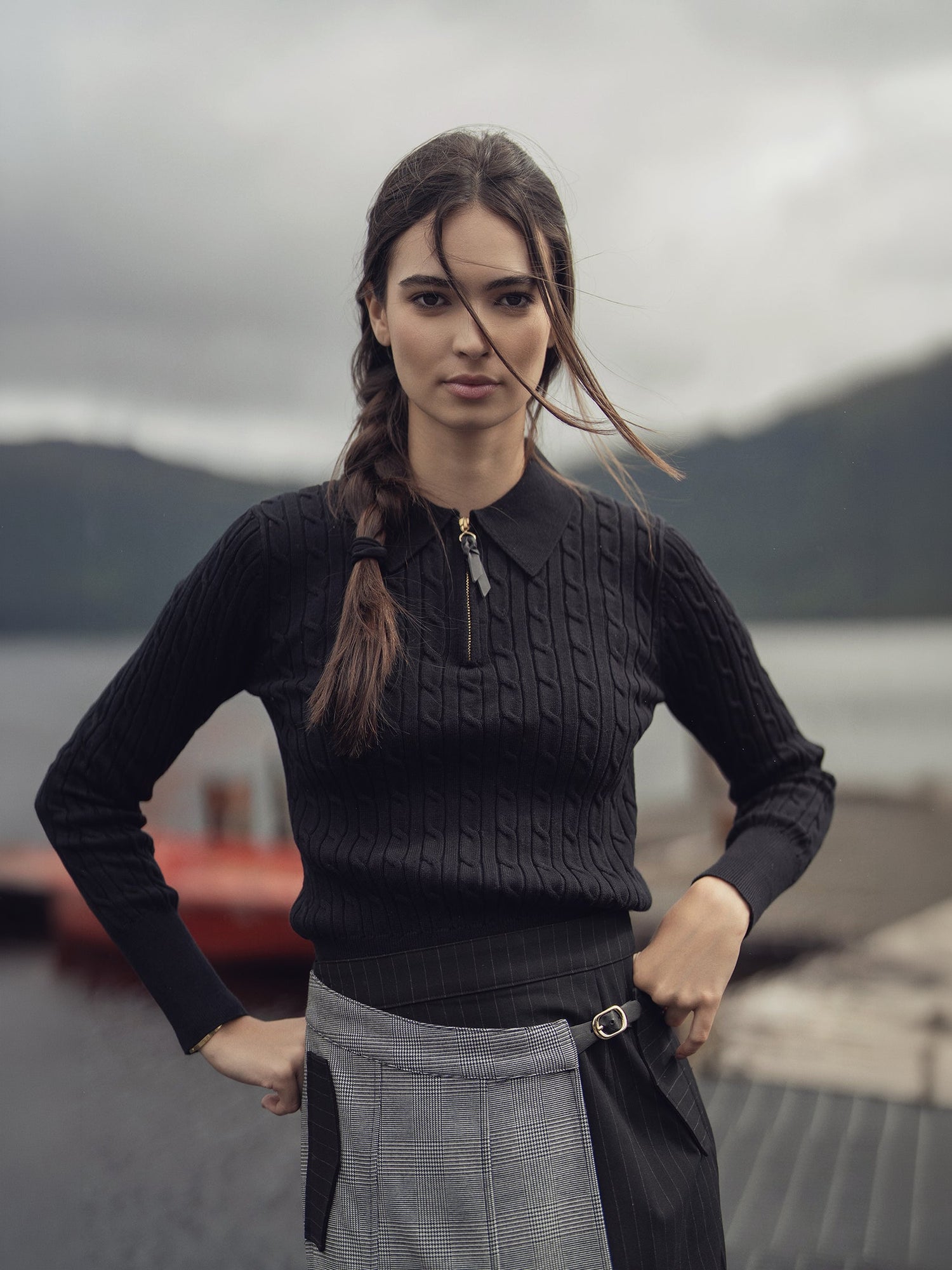Leather Pull Half Zip Cable Polo-Black