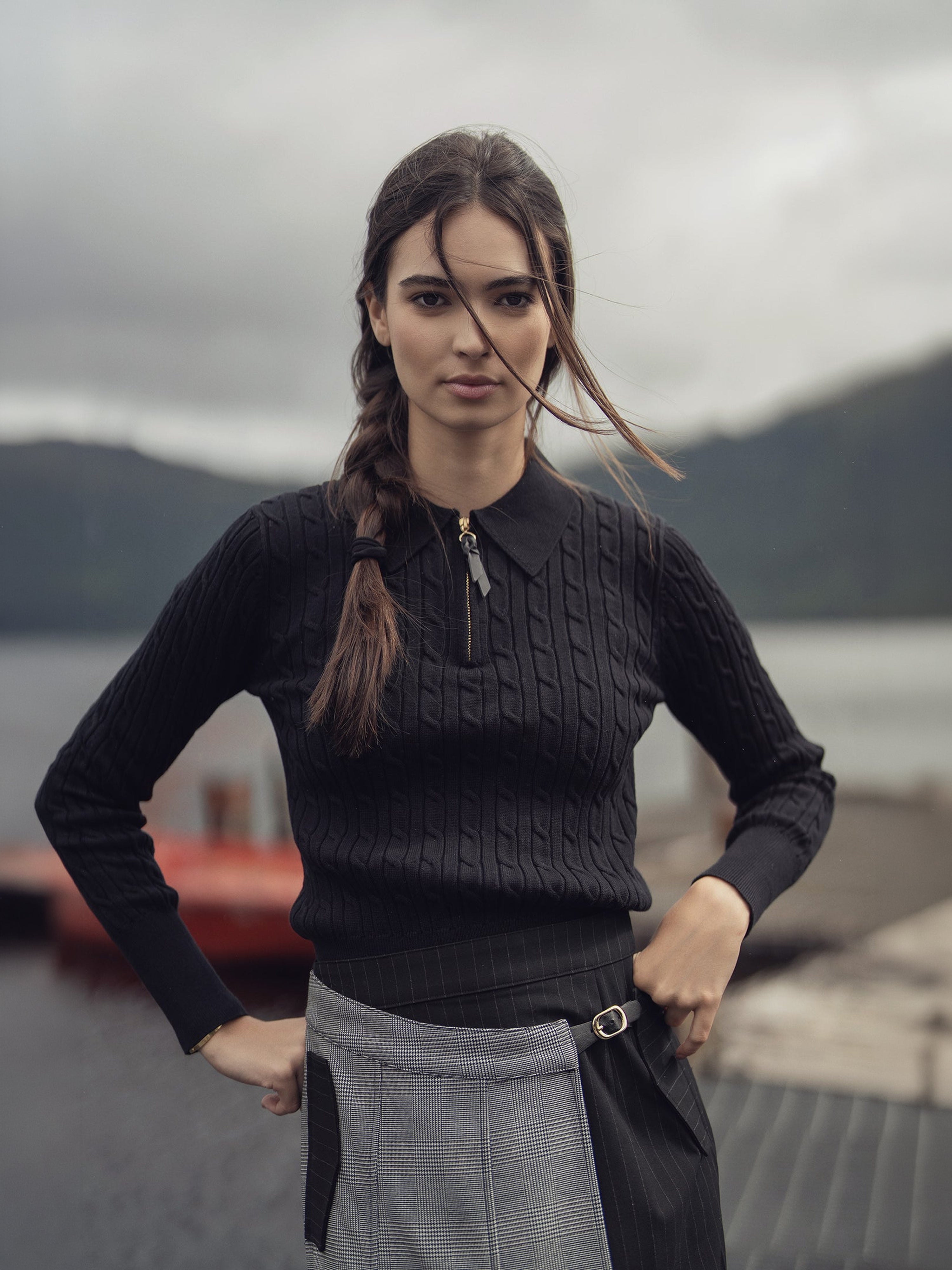 Leather Pull Half Zip Cable Polo-Black