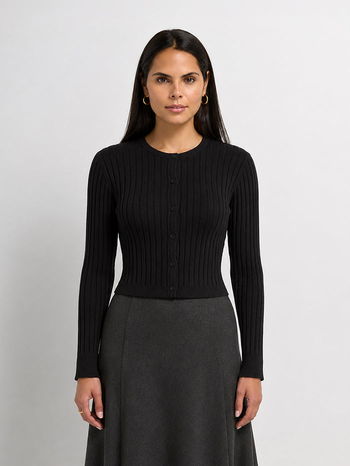 Lightweight Ribbed Cardigan 20" - Black