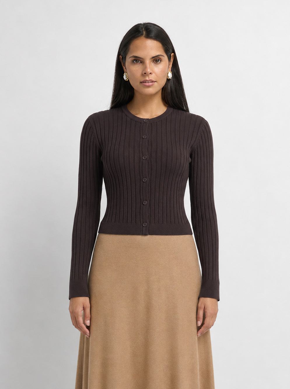 Lightweight Ribbed Cardigan 17" - Brown