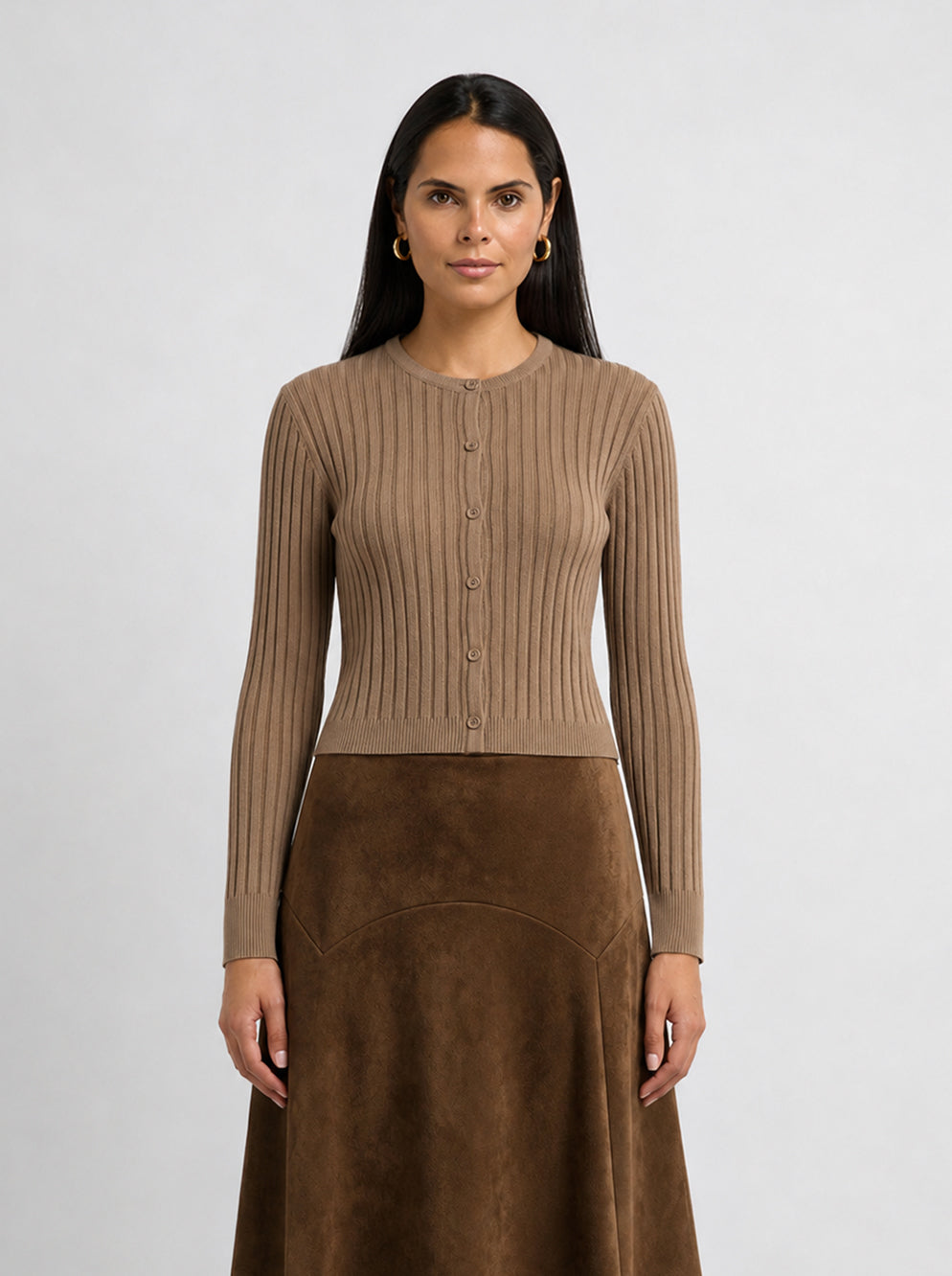 Lightweight Ribbed Cardigan 17" - Camel